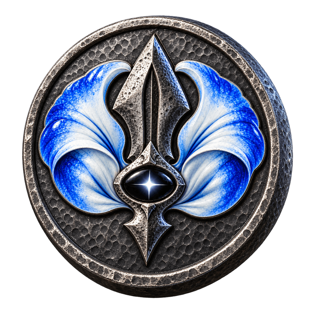 The $HILT coin: a hammered steel disc with two blue petals around a blade and a star.